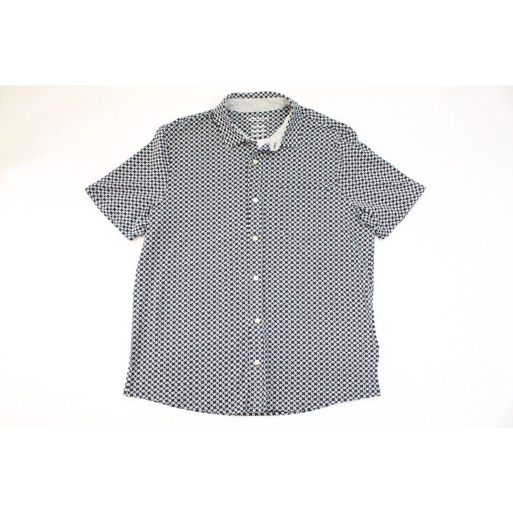 Tailor Vintage Mens Large Navy White Geometric Link Short Sleeve Button Down